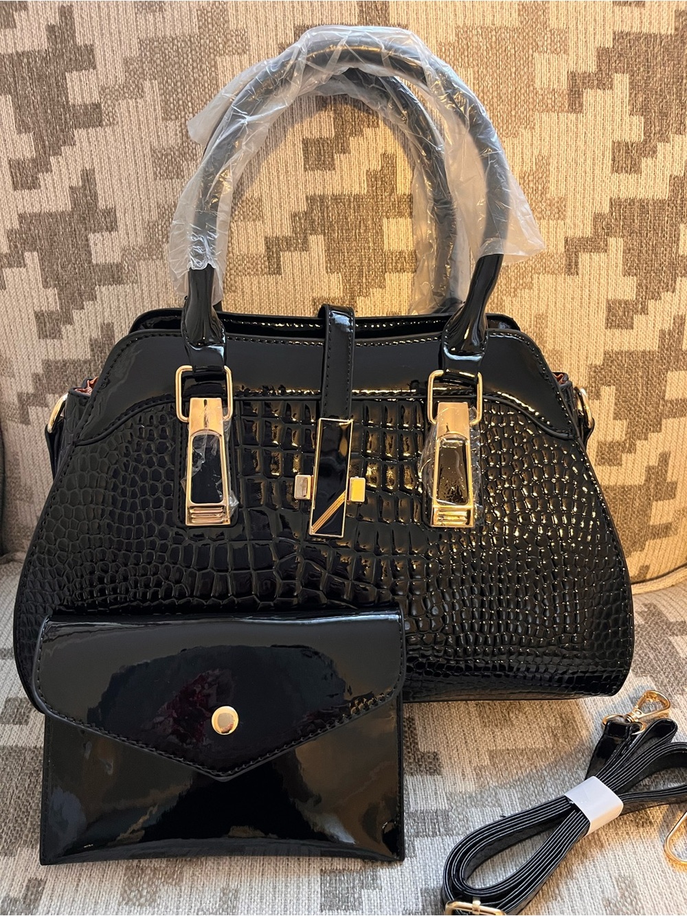 Black Patent Croc-Embossed Satchel Handbag with Matching Wallet